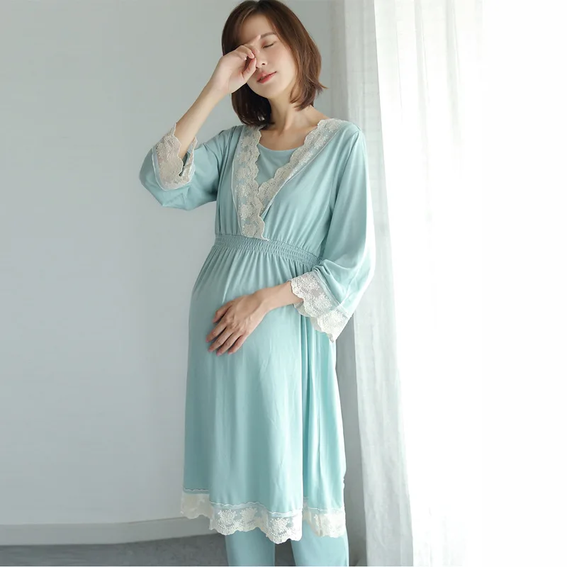 2 Pieces Sexy Lace Maternity Pajamas for Pregnant Women Long Sleeves Nursing Sleepwear Breastfeeding Pajamas Maternity Clothes