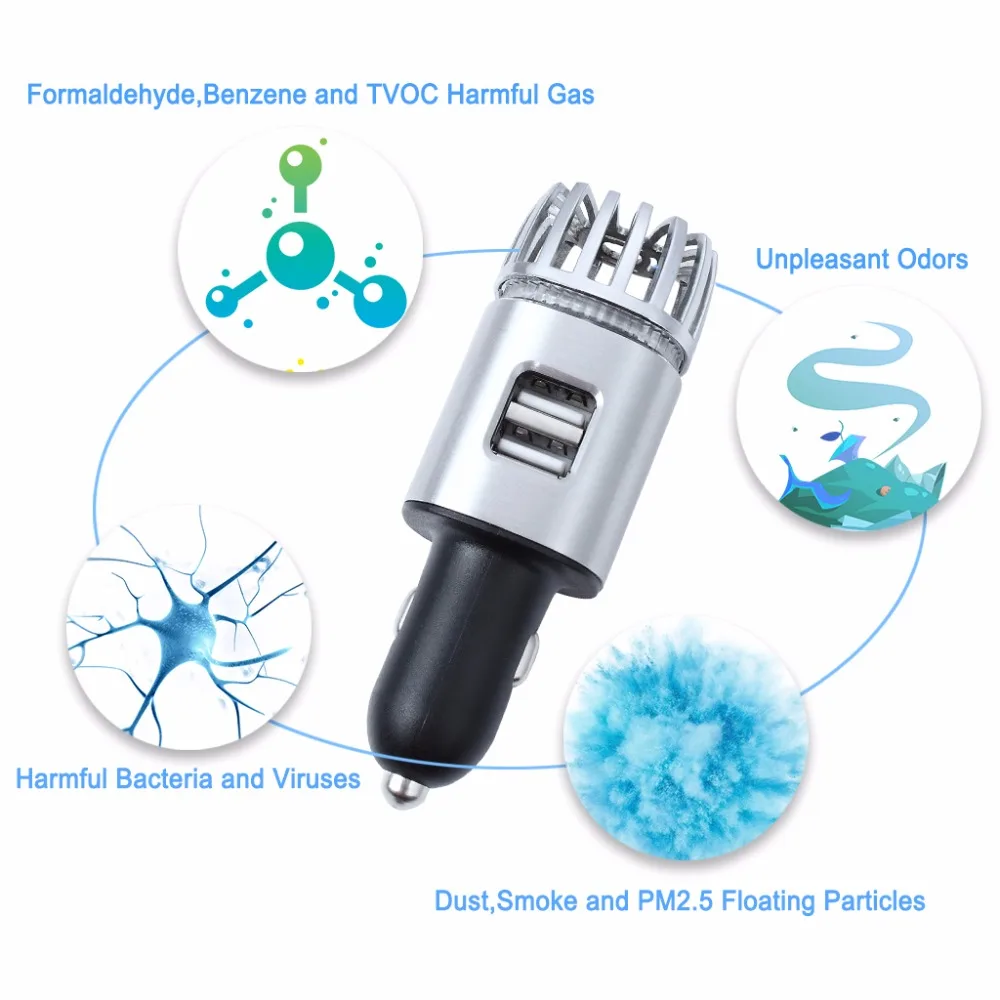 Car Air Purifiers 2 in 1 Negative Lons with Dual USB Charger Ionizer Air Freshener Ionic Odor Eliminator Smoke Bacteria Purifier