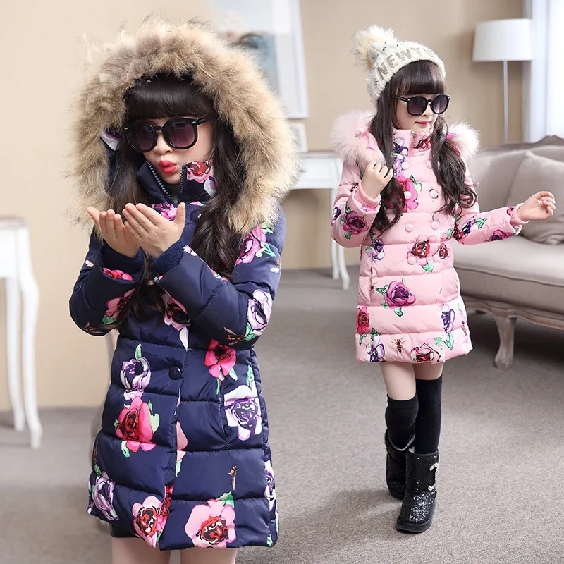 

Baby Girls Jackets Autumn Winter Long Coat For Girl Thick Cotton Print Coat Kid Clothes Children Warm Hooded Outerwear Coat