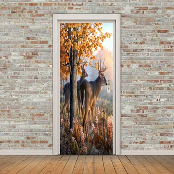 

Deers In Autumn Yellow Leaf Woods 3D Door Sticker Wall Mural Art Wallpaper Poster Stickers Self Adhesive Home Door Decals