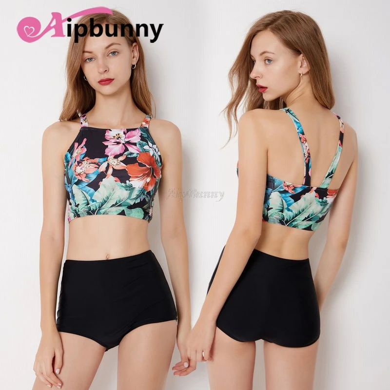 

Geometry Floral Printed High Neck Women's Sexy Bikini Set Swimwear Strappy Top & Boyshort Girl Beach Bath Suit Biquini Swimsuit