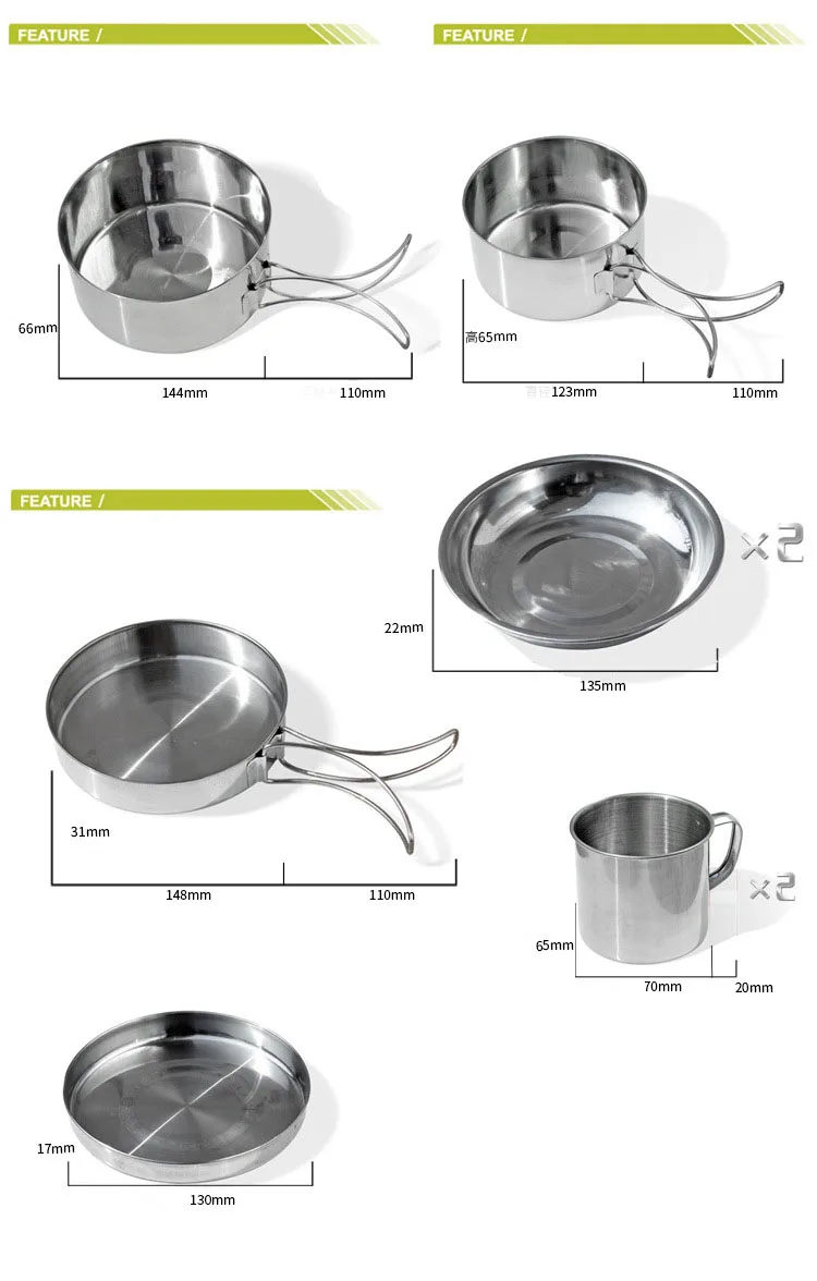 Outdoor Camping Tableware Set Stainless Steel Set Traveling Tourism Biking Picnic Equipment Includes Lid Mugs Skillet Bowls (6)