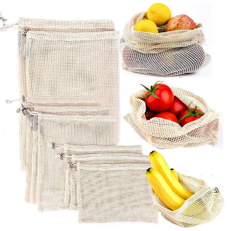 

1PC Reusable Kitchen Fruit Vegetable Cotton Mesh Drawstring Storage Bags Washable