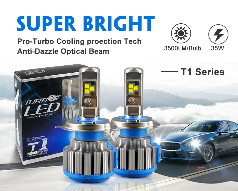 

T1 Turbo Car Headlight H4 H7 H11 LED Bulbs High Low Beam 70W 7000LM 6000K Auto Canbus Bi Beam Low Beam With Turbo Fans