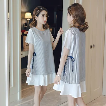

2019 summer new Korean version of the fashion striped fake two pregnant women dress loose pregnancy A skirt