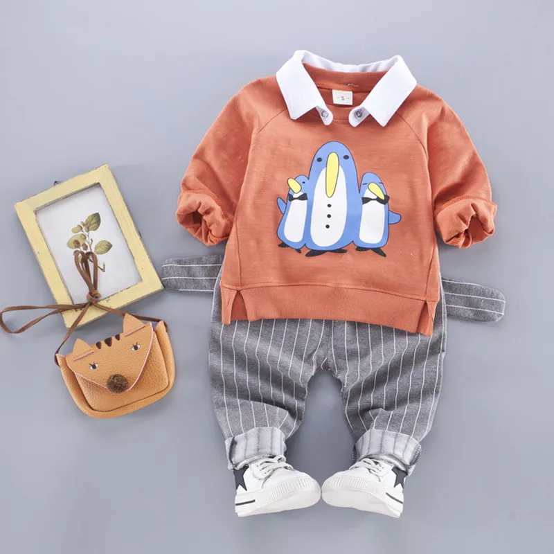 

SFT-519 New autumn cartoon penguin long sleeve fleece T-shirt +pant 2pcs party birthday clothing set