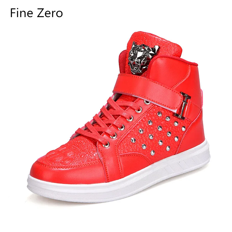 

Fine Zero Spring Autumn Unisex lace up bling shoes Male Silver Rivet High Tops Men Super cool Shoes Couple Glitter Ankle botas
