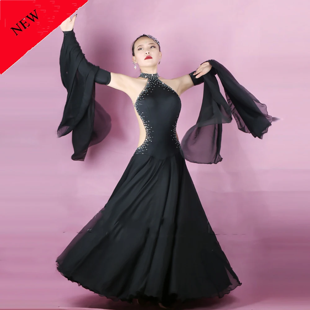 

Newest Modern Dance Dresses for Ladies Black Color Sleeveless Backless Skirt Women Competitive Standard Ballroom Costumes B116