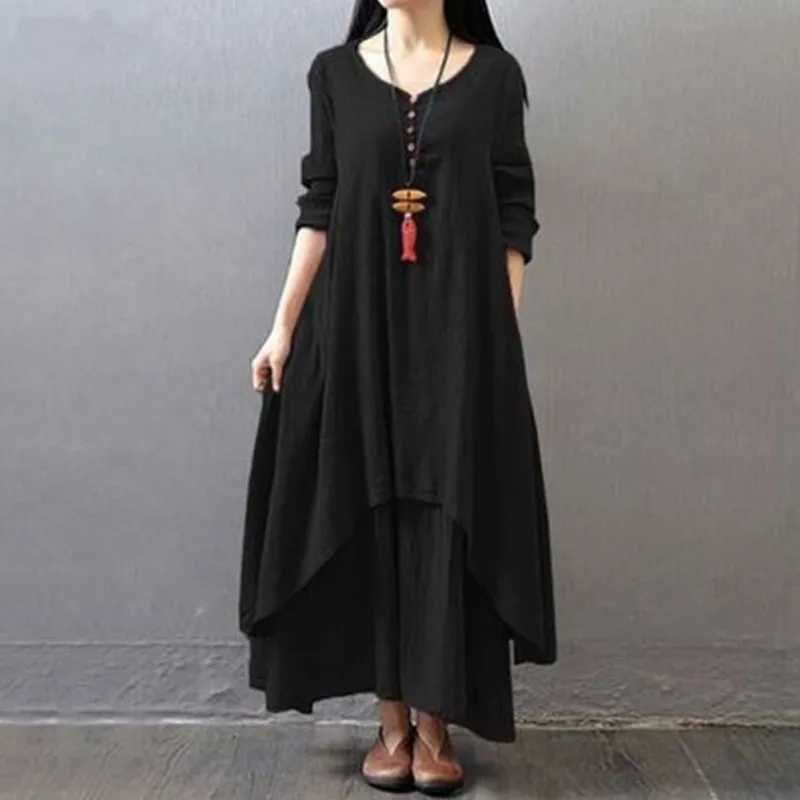 

Women Cotton Linen Large Swing Type Loose Waist Long-Sleeved Round Neck Casual Solid Color Dress 2019 New Fashion Summer Dress