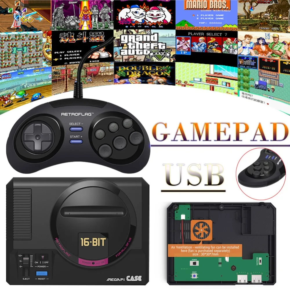 MEGAPICASE Raspberry Pi MD 16 Bit Retro Games Case SEGA Video Consoles with Classic USB wired Gamepad Controller
