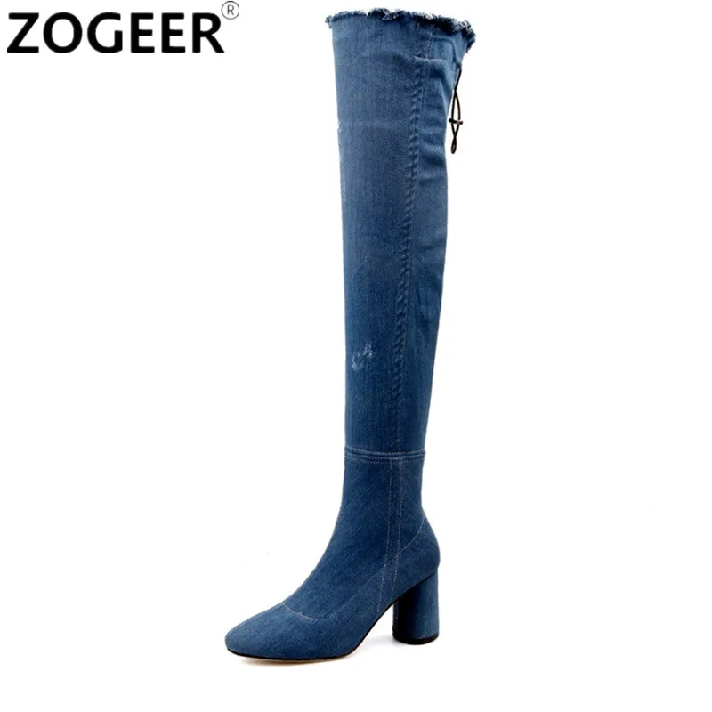 

Spring Autumn Hot Denim Women Boots High Heels Over The Knee Boots Top Quality Thigh High Jeans Boots Fashion Sexy Ladies Shoes