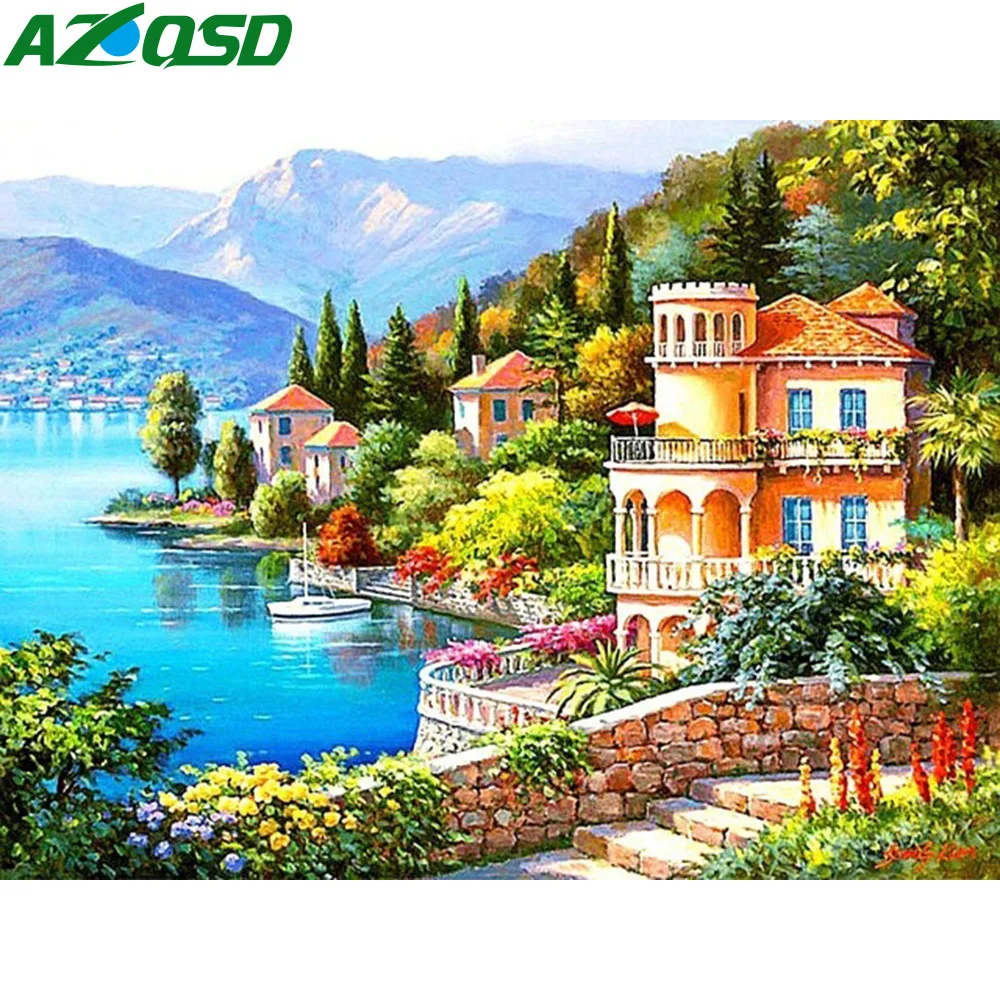

AZQSD 5D Diamond Mosaic Seaside Landscape Cross Stitch Full Square Diamond Embroidery City Home Decor Diamond Painting Scenery