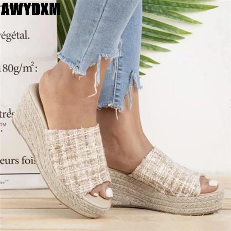 

New woman slipper summer Weaving Wedge platform open toe High heels ladies Breathable casual shoes big size 43 women shoes S050