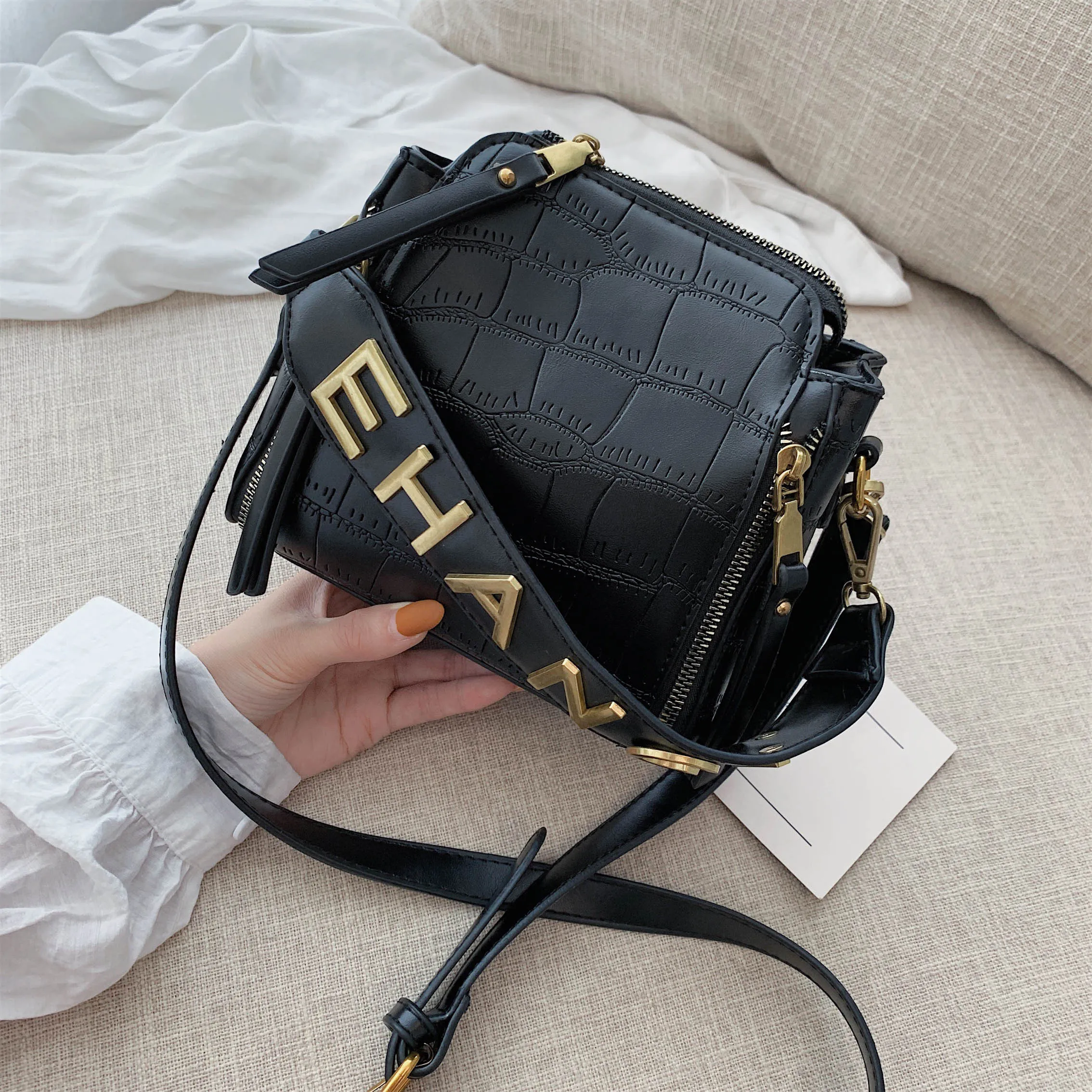 

Stone Pattern PU Leather Bucket Bags For Women Letter Design Shoulder Messenger Bag 2019 Female Quality Crossbody Bag