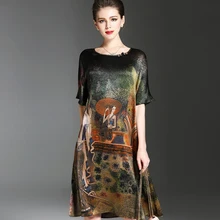 Винтажное дизайнерское платье с этническим рисунком, женское летнее платье с коротким рукавом из мягкого шелка, элегантное женское Брендовое платье с круглым вырезом размера плюс