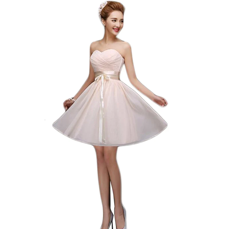 

Vestido De Festa De Casamento 2016 Champagne Bridesmaid Dresses Strapless Chiffon Wedding Party Short Dress Sister Dresses BV24