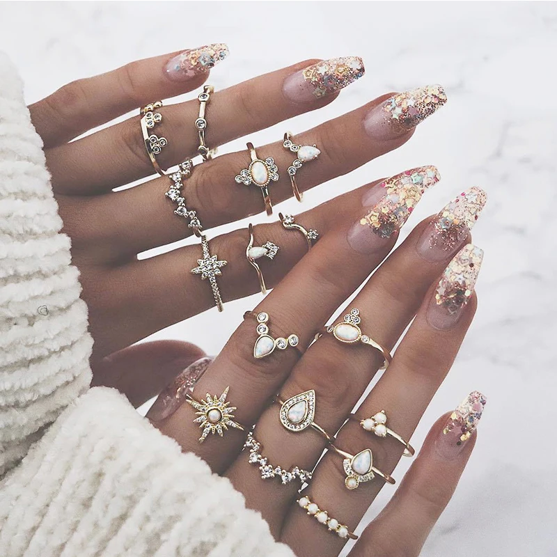 

16 Pcs/ Set Bohemian Crown Water Drop Gem Round Geometric Gold Irregular Ring Set Female Personality Party Jewelry Accessories