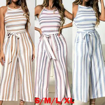 

New Women Ladies Fashion Casual Chic Summer Jumpsuit Striped Wide Leg Sleeveless Jumpsuit Party Clubwear