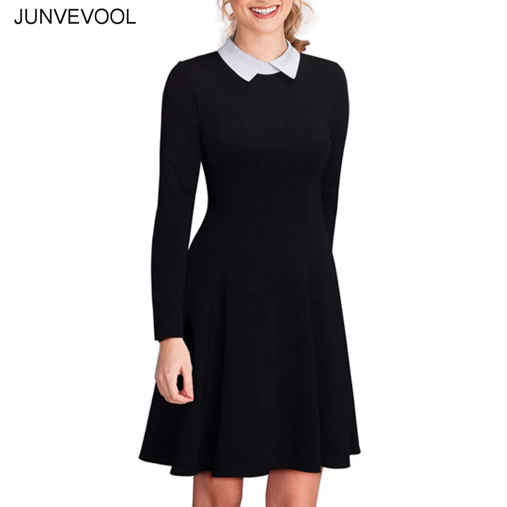 Elegant Office Dresses Women Vintage Retro Party Fit Work Dress Female Black Long Sleeve Summer