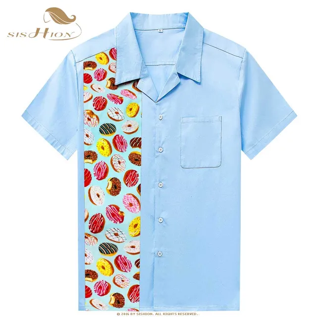 Cheap SISHION 2019 New Men bowling Shirt Doughnut Print Vintage Retro Men Casual Shirts chemise homme ST110 Light Blue Brown Button Up