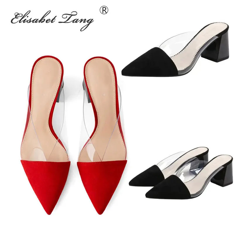 ElisabetTang/ г.; летние модные женские шлепанцы с острым носком; обувь на высоком квадратном каблуке для улицы; пикантные женские шлепанцы без задника; цвет черный, красный