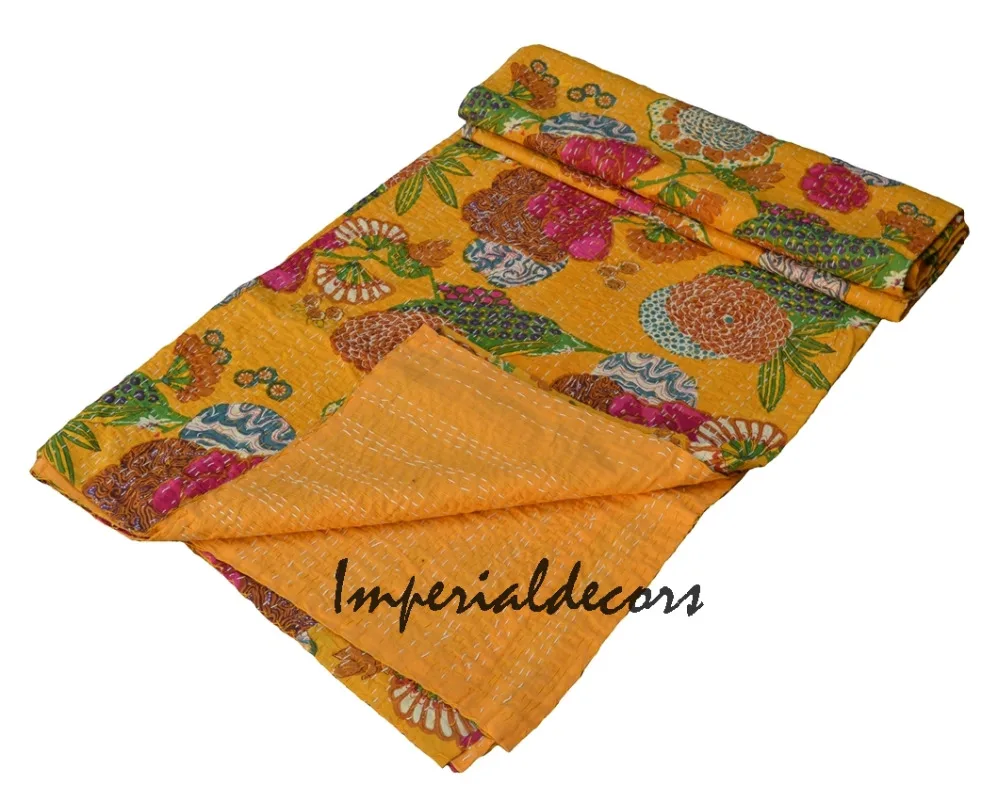 Indian Floral Kantha Quilt, Reversible Blanket, Bohemian Rallies (KING SIZE, 100 PREMIUM