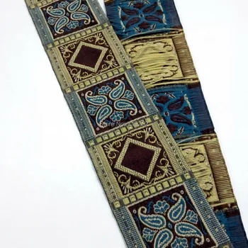 

5cm 50mm 2'' Blue Beige Rhombus Chinese Classical Blocks Antique Quality Cotton National Jacquard Woven Ribbon Laciness Webbing