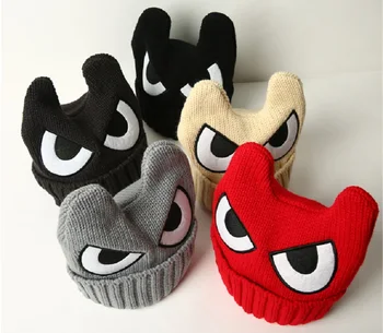 

Clear autumn winter children knitted skullies 2-10years wool caps eyes baby warm hat horn boy girls beanies wholesale