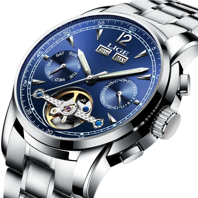 Relojes LIGE, Мужские автоматические механические Спортивные часы, мужские роскошные Брендовые повседневные часы, мужские наручные часы, армейские часы, relogio masculino - Цвет: silver blue
