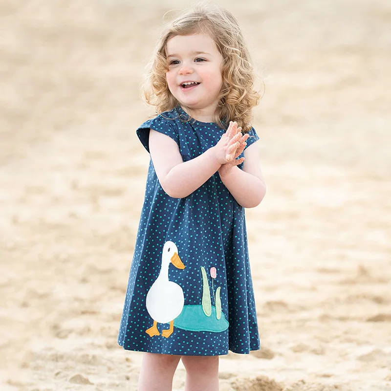 Little Maven/Новая летняя одежда для детей милая голубая утка, аппликация, без рукавов, в горошек, с круглым вырезом, трикотажные платья-майки для девочек от 1 до 6 лет