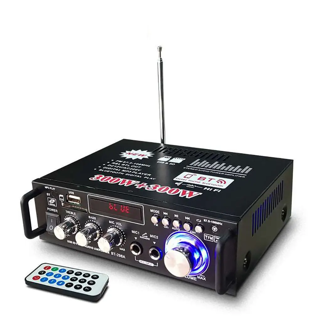 Цифровой Hi Fi аудио усилитель мощности 12 В/220 В 2 канала ЖК дисплей bluetooth FM радио для