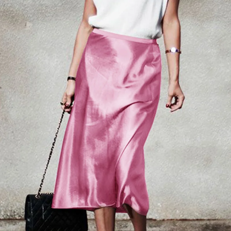 

Womens Pink Silk A-line Skirts High Waist Ruffles Irregular Hem Solid Elegant Long Skirt Female 2019 Spring Summer Woman Bottoms