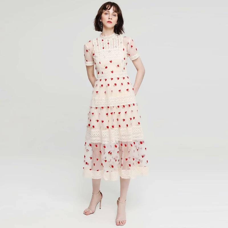 

XF Rose Embroidery Stitching Tulle Vintage Apricot Dress High Quality Designer Midi Sexy Ruffle 2019 Summer Party Night Dresses