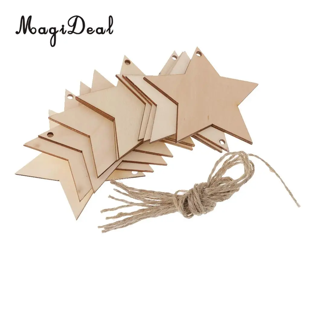 MagiDeal Unfinished 10Pcs Wood Five Pointed Star Shapes Tags Craft Embellishment & Twine DIY for Decoupage Print Paint Project