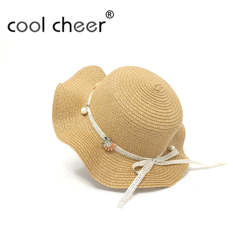 

[CoolCheer] Children's Straw Hat The Lotus Leaf Wave Along Sun Hat Child Cap Outdoor Sunscreen Brim Hat Beach Fedora