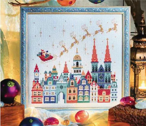 cs-2906 Cross Stitch Kit Mama Bear Christmas Santa and Sleigh Reindeer in the City Sky Starry Night