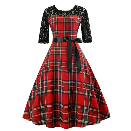 OTEN Tartan одежда для женщин с коротким рукавом кружево лоскутное красный плед gingham Винтаж рокабилли pin up Skater длина до колен Вечерние платья - Цвет: Красный