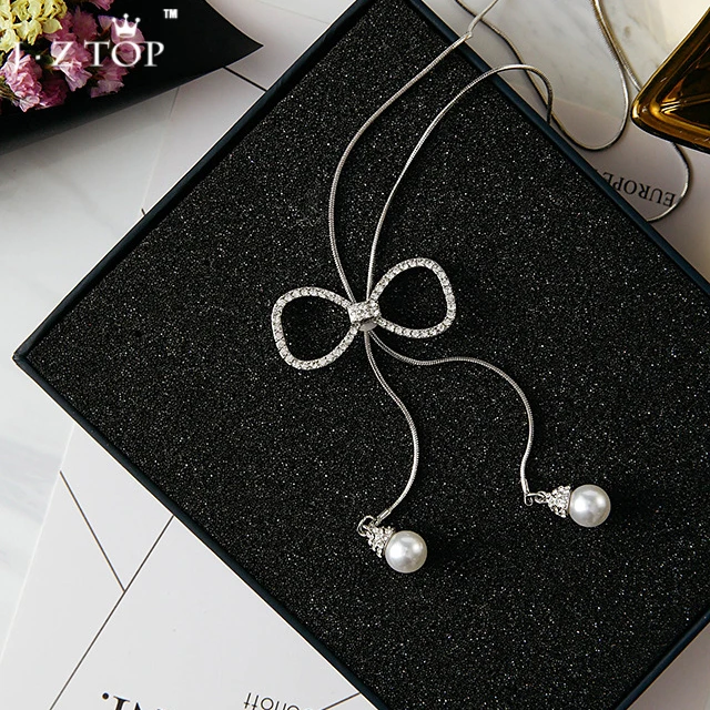 Ladies Rhinestone Bow Long Necklaces Sweater Chain Imitation Pearl Pendants Necklace Adjustable Tassel For Women | Украшения и