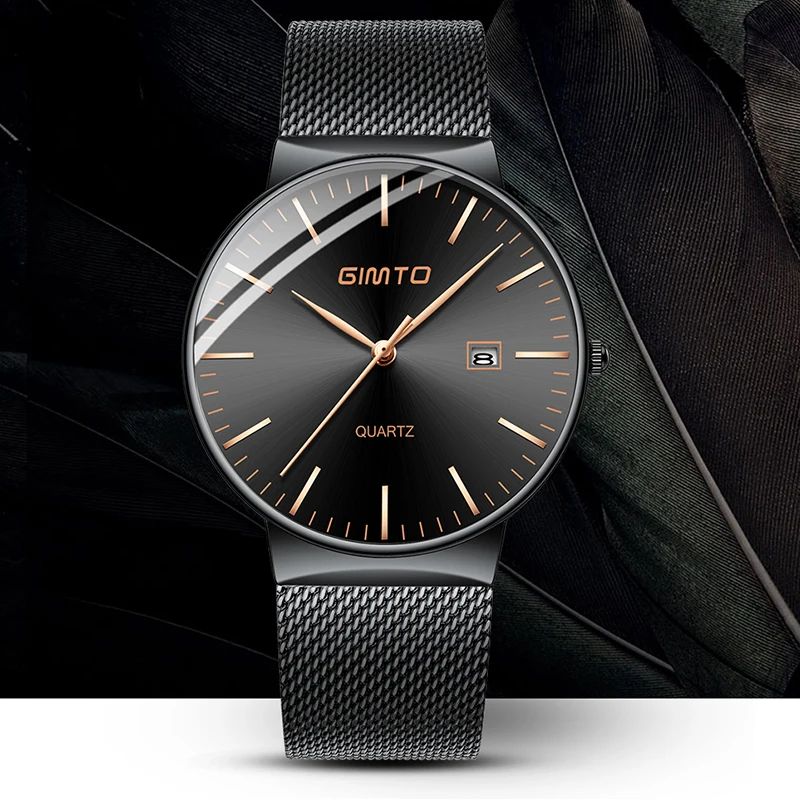

GIMTO Fashion Quartz Watch Men Hot New Steel Band Male Black Clock Date Casual Hand Watches Sport Waterproof Relogio Wristwatch