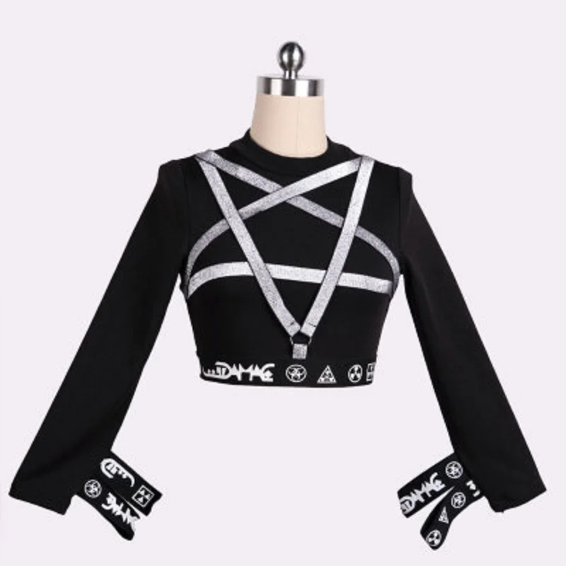 

Punk Gothic Pentagram T-Shirt Women Long Sleeve Bandage Slim Tee Top Female