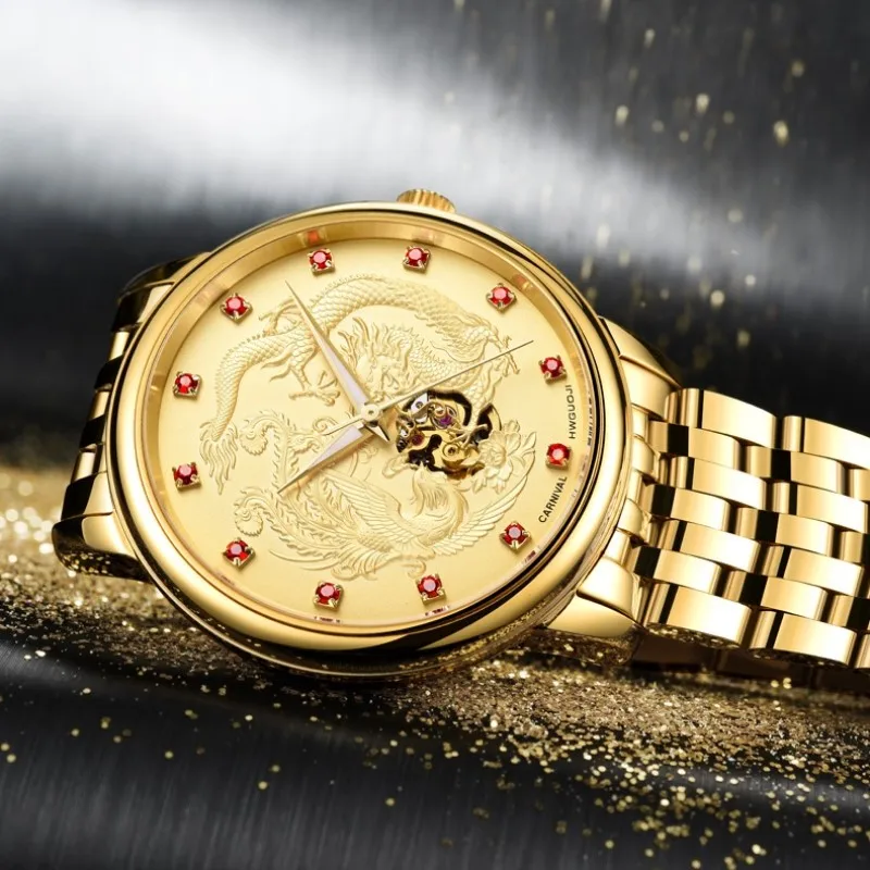 Роскошные Золотые Дракон бизнес часы для мужчин карнавал Фирменная Новинка автоматические часы Уникальный дизайн водонепроница