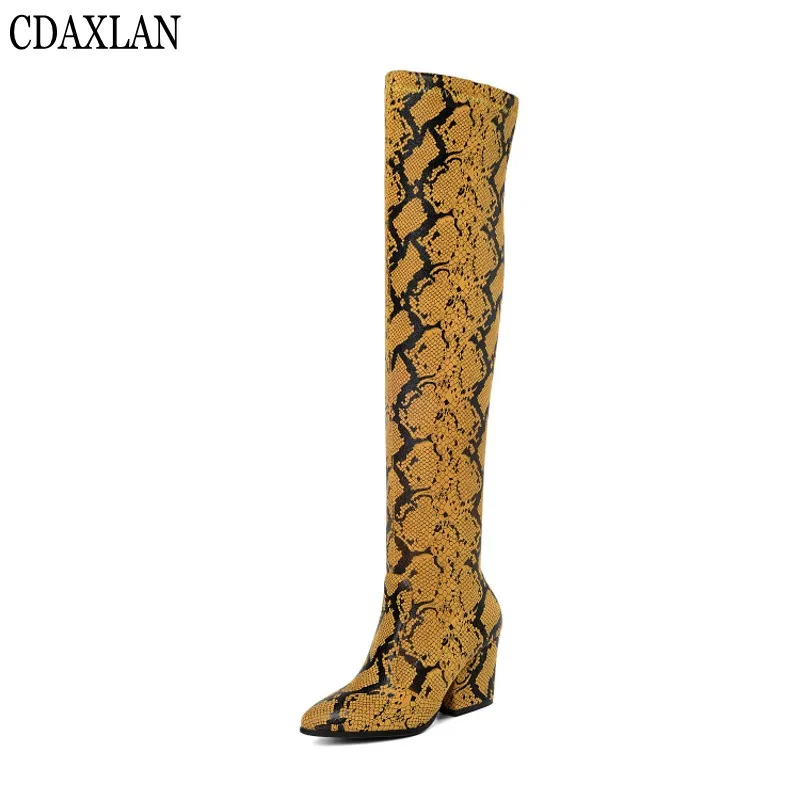 

CDAXILAN new arrivals women's boots snake-printed microfiber leather stretch fabric square high heels over-the-knee boots winter