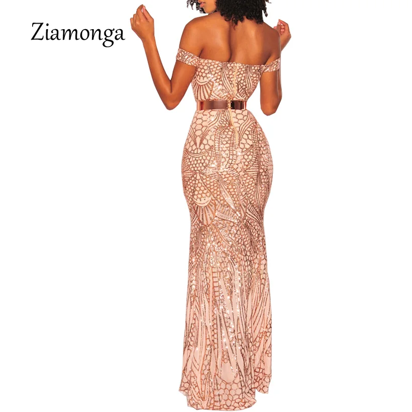 Ziamonga без бретелек Длинные платье макси Для женщин Вечеринка блесток платье элегантные пикантные с открытыми плечам