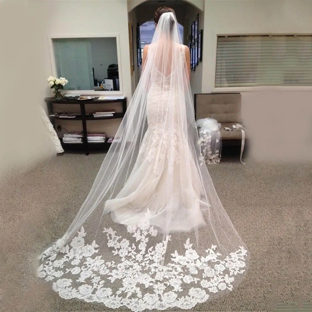 

3m Long Bridal Veil Fashion One layer Elegant Lace White/Ivory Appliques for Wedding Party Bridal head decorate accessories