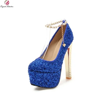 

Original Intention Super Women Pumps Round Toe High Heels Pumps Party Gold Blue Red Platform Shoes Woman Plus Size 3-16