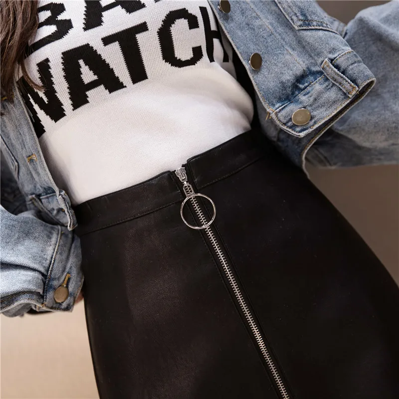Neploe PU Leather Zipper Women Jupe Solid Faux Leather Vintage Mini Skirts Spring Autumn New Fashion Cool Girl Skirt 69617