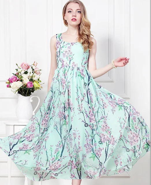 China Retro Sakura Chiffon Dress Sleeveless Print Square Collar China Retro Sakura Chiffon Dress Sleeveless Print Square Collar Contrast Color Light Green White Dresses