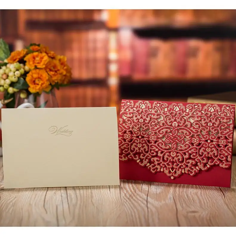 Cover and Inner card 100 шт красная лазерная резка, роскошная Цветочная Свадебная пригласительная открытка, элегантная поздравительная открытка, конверты, товары для дня рождения, свадьбы, вечеринки - Цвет: Cover and Inner card