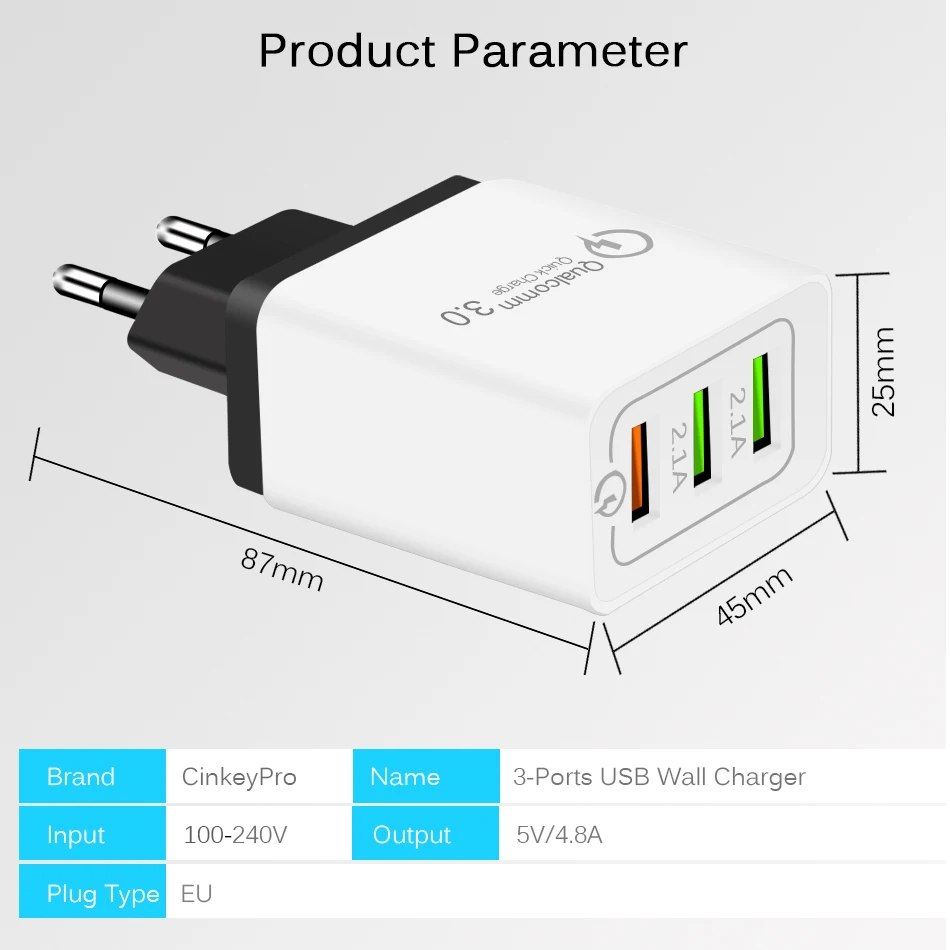 3-Ports USB Charger Quick Charge 3.0 12V1.5A 9V2A Fast Charging for Samsung iPhone iPad Wall Mobile Phone Adapter 7