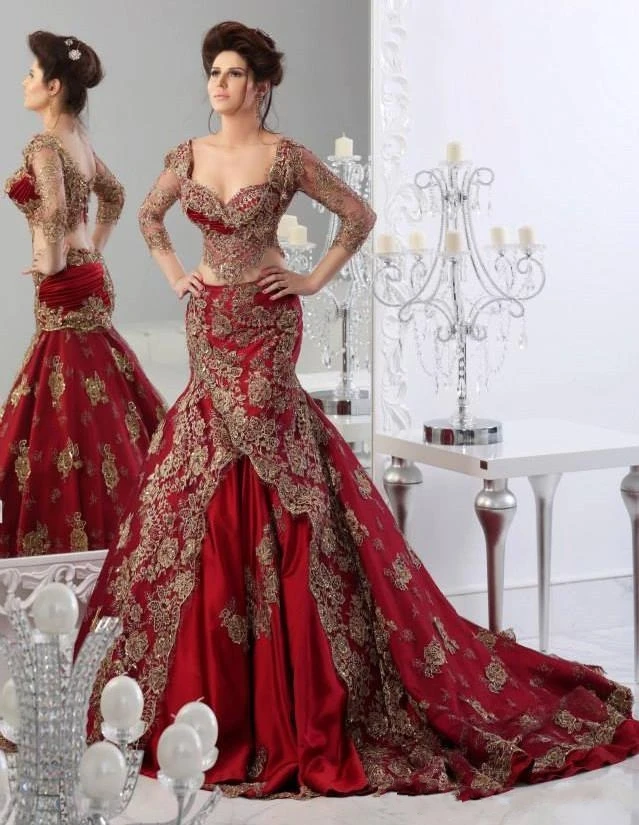 2015 Gelin Elbisesi tunisie rouge deux pièces robes de mariée turquie Sexy gothique robes de mariée avec manches robe de Novia V..